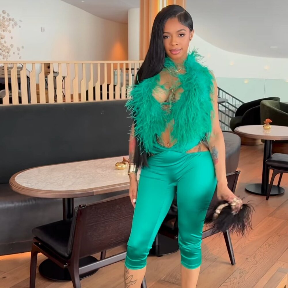 OSTRICH FEATHER JADE GREEN WOMEN'S OUTFIT SET LEGGINGS HALTER TOP